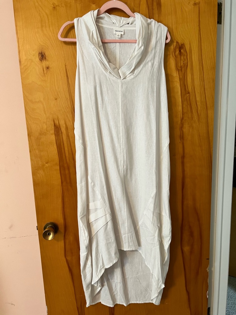 Sleeveless Linen Blend White Hooded Long Tunic Dress